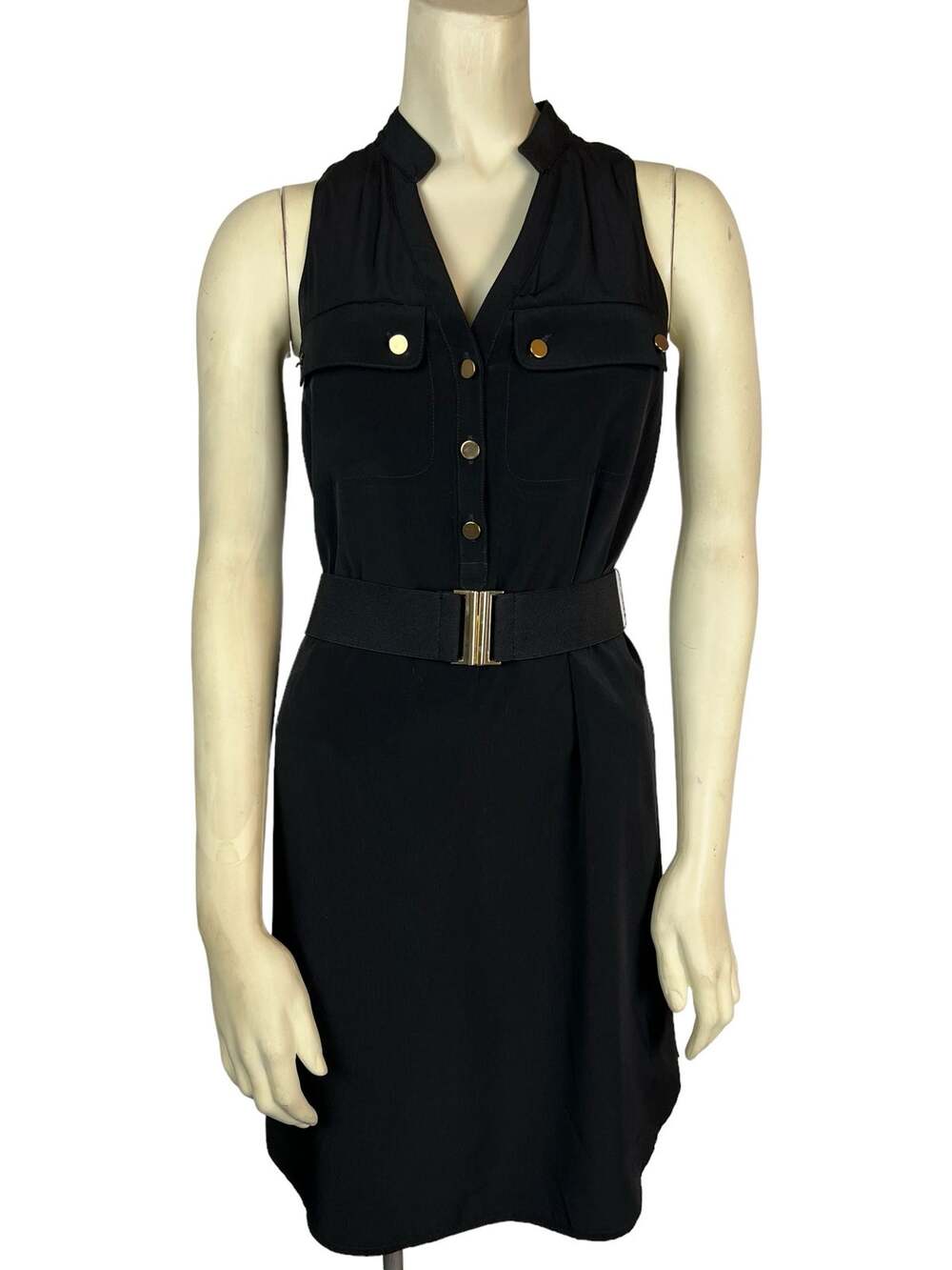 Express Black Belted Dress Womens XS Gold Buckle Sleeveless Mini Dress Career